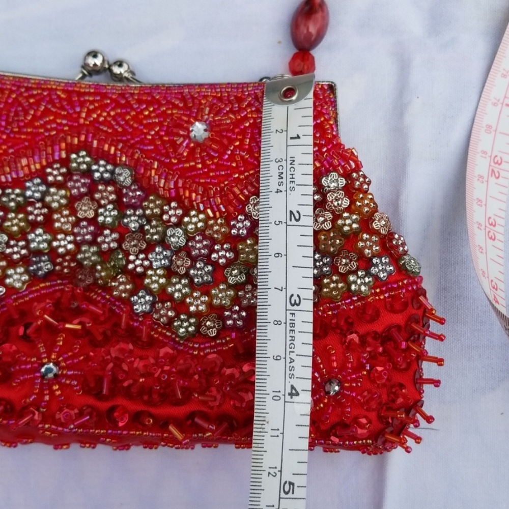 NWT Red,  Silver, Sequined Satin Beaded Bag - Picture 6 of 7